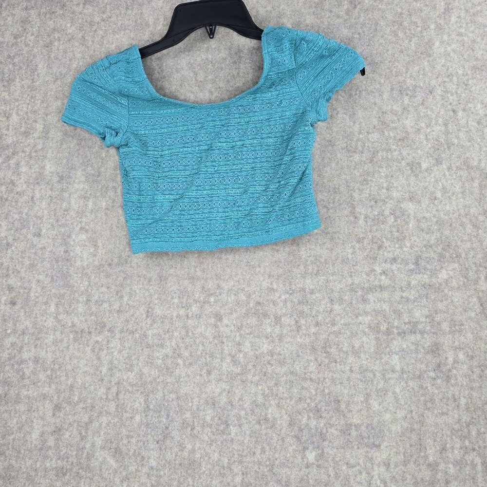 Aeropostale Women Lace Crop Top Aqua Blue Size M Nylon Blend Short Sleeve Fitted